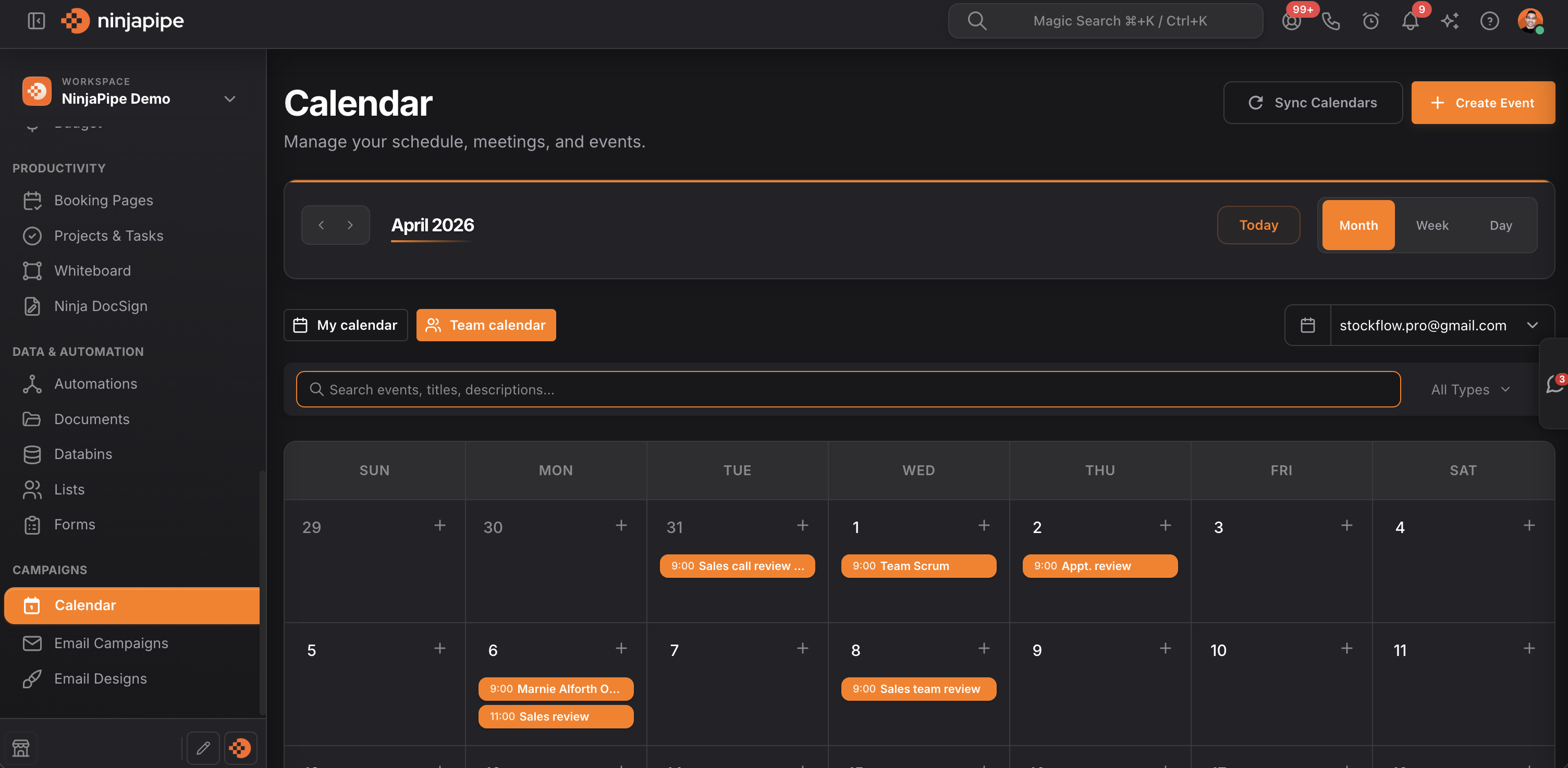 NinjaPipe Calendar interface