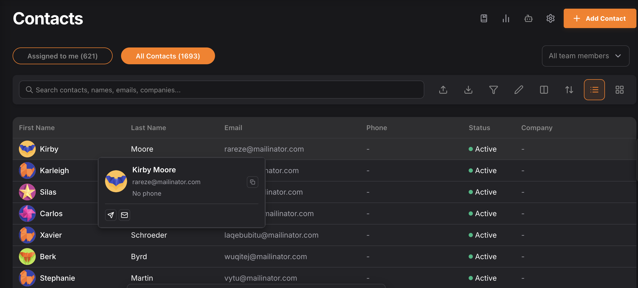 NinjaPipe Contacts interface
