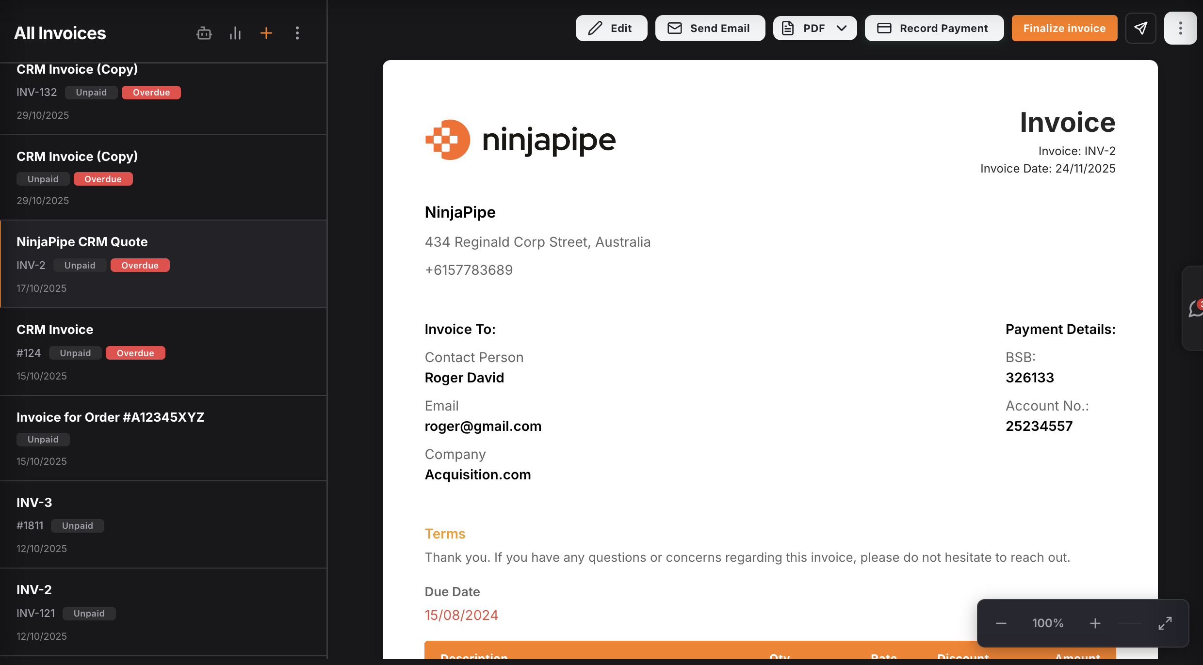 NinjaPipe Invoicing interface